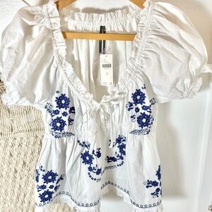 Anthropologie Babydoll Embroidered White and Blue Bohemian Peasant Top XS